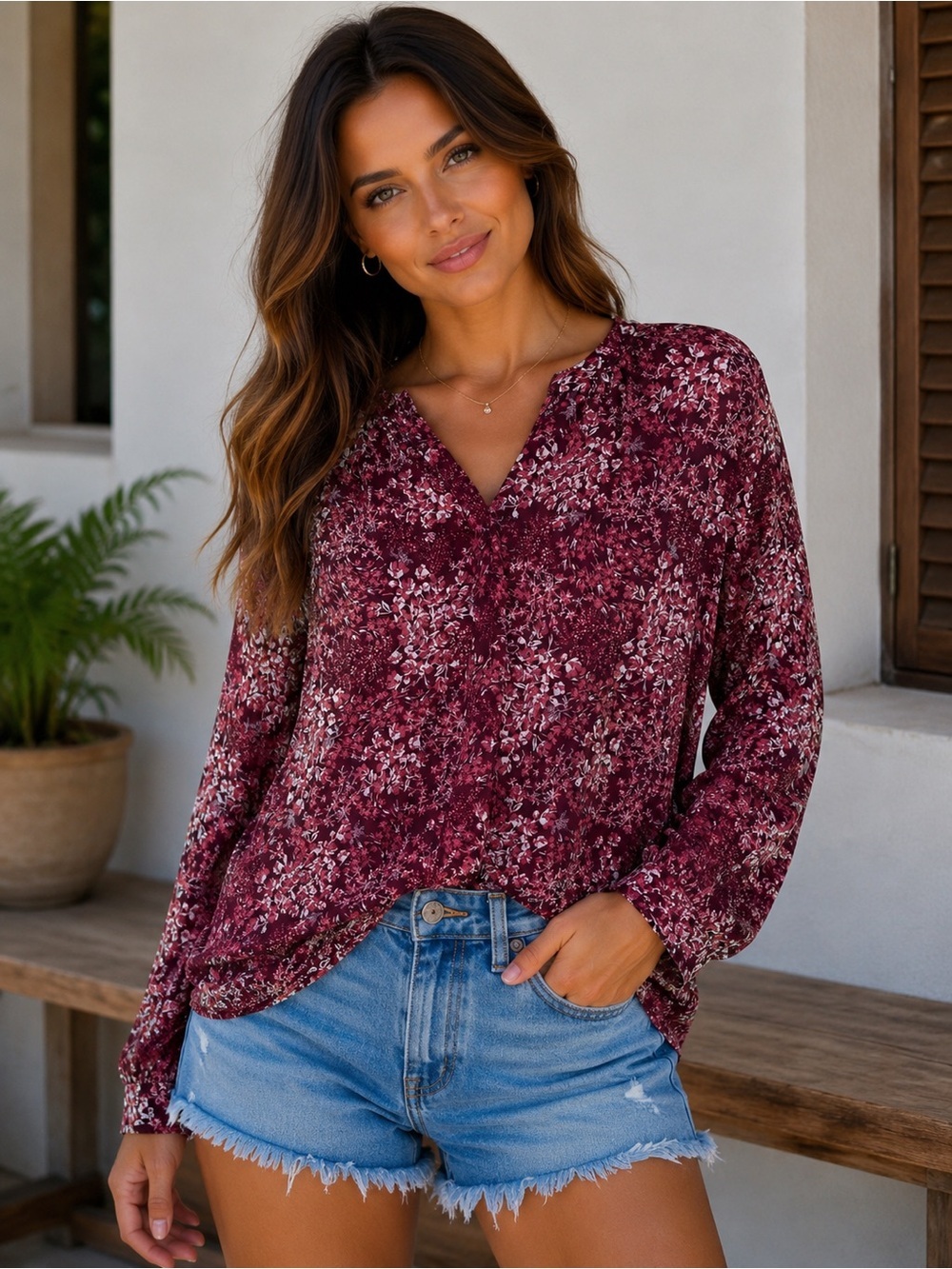 NWT Wonderly Ditsy Floral V-Neck Long Sleeve Tunic Blouse- Medium